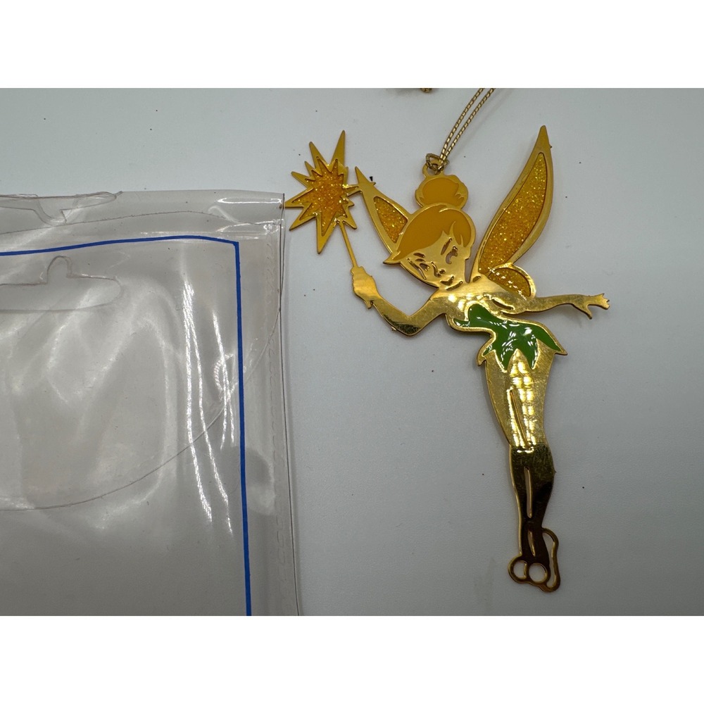 Disney Tinker Bell Gold Tone Metal Enamel Glitter Christmas Ornament Vintage